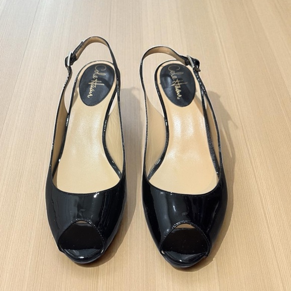 Cole Haun Glossy Black Slingback Heels with Peep Toe Size 8.5 B Patent Luxury - Picture 1 of 10